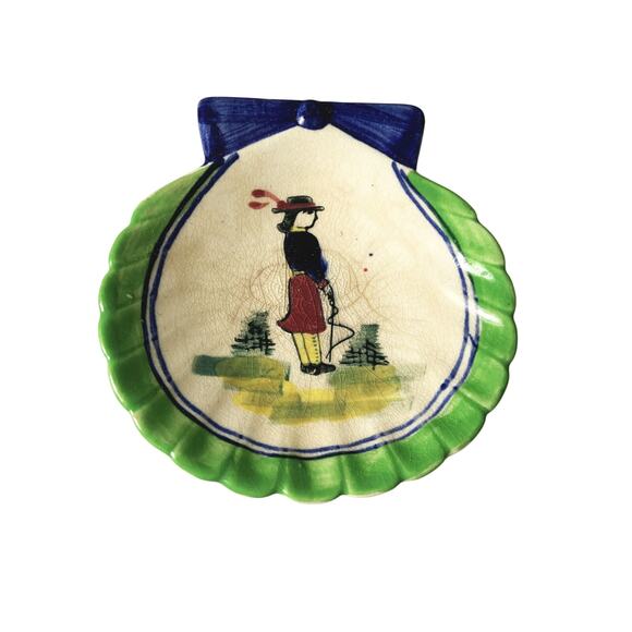 Vintage Clam Shell Shaped Ceramic Dish Man Hand Painted Quimper Style - Picture 1 of 5